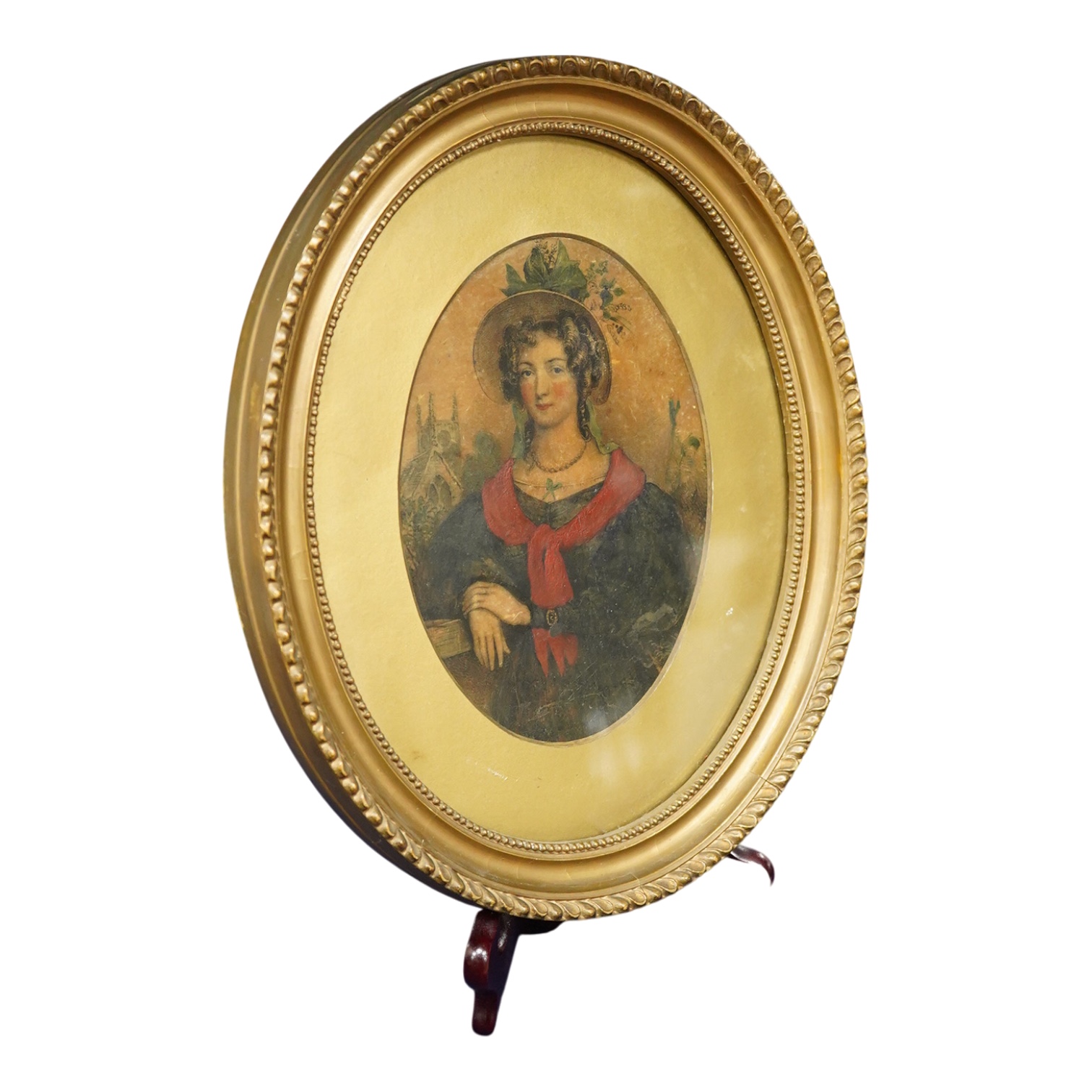 English School, 19th century, portrait of Elizabeth Finney, c.1840, details verso, oval oil on parchment, 17 x 12cm